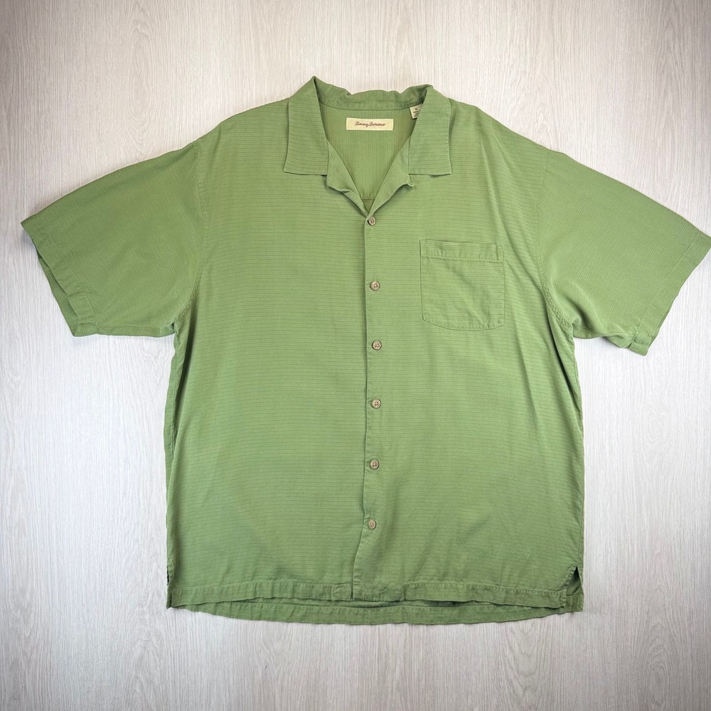Tommy Bahama Men XL Silk Camp Shirt Sage Green Textured Short Sleeve Button Down